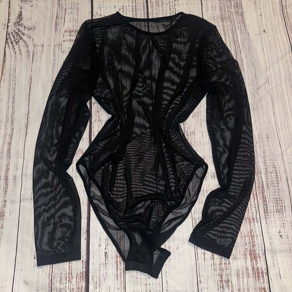 Y2K Sheer Black Mesh Bodysuit Goth Fairycore Long Sleeve Top